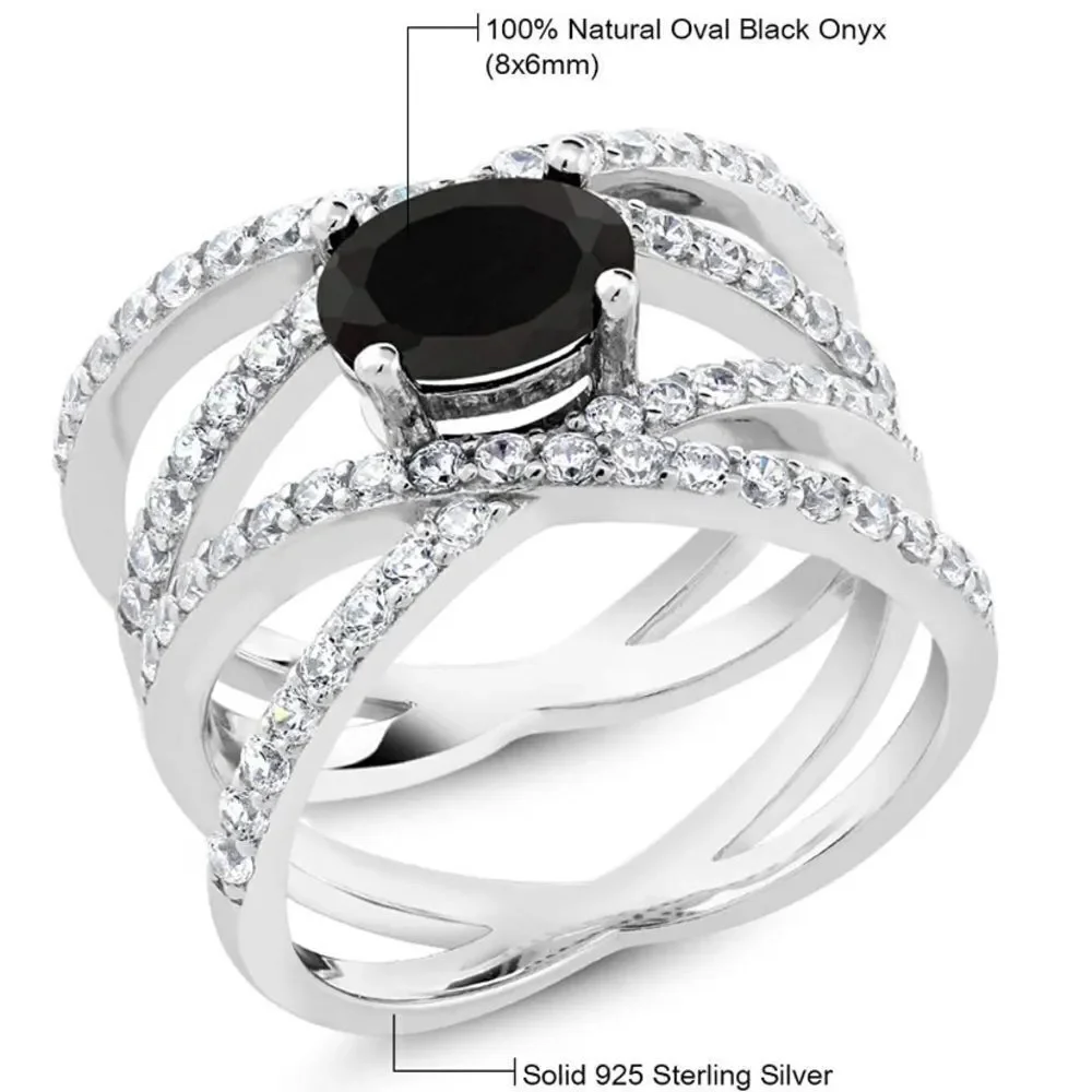 .925 Sterling Silver with Natural Black Onyx and Diamond Cubic Zirconia Ring